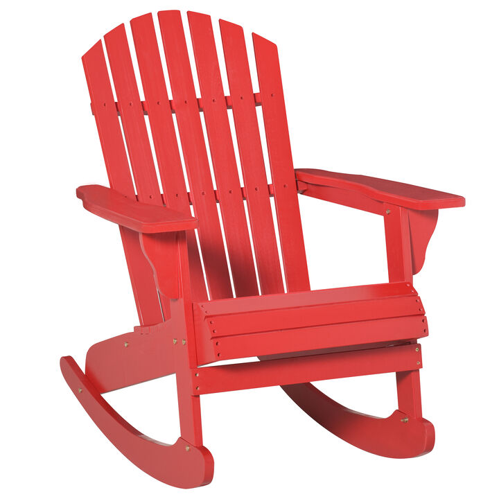 Outsunny Wooden Adirondack Rocking Chair Outdoor Lounge Chair Fire Pit Seating with Slatted Wooden Design, Fanned Back, & Classic Rustic Style for Patio, Backyard, Garden, Lawn, Red