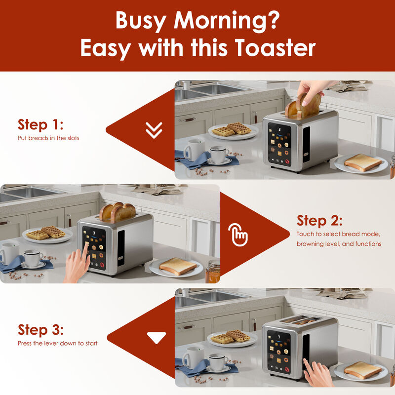 WHALLULTRA Touch Screen Toaster 2 Slice, 1.5'' Wide Slot Stainless Steel Toaster with Digital Timer, 6 Bread Types & 6 Shade Settings, Crumb Tray image number 7