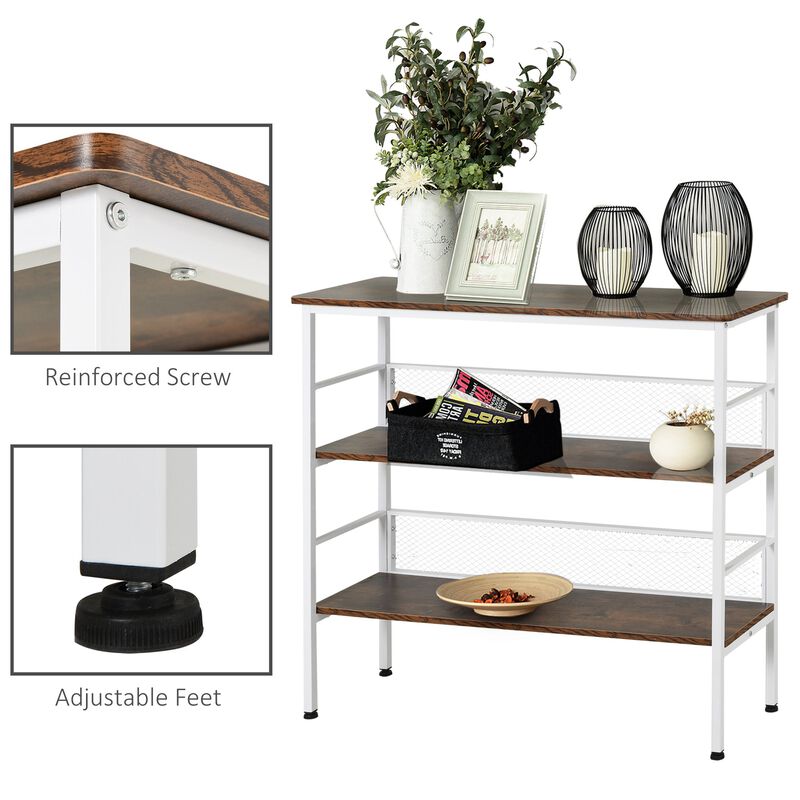 White Modern Console: 3-Tier Metal & Wood Table with Adjustable Feet