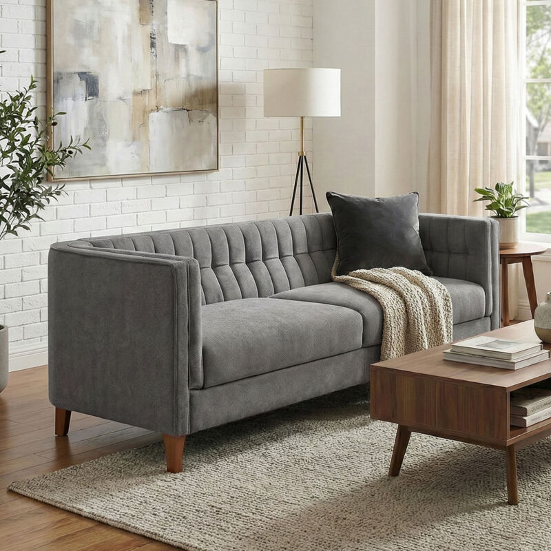 Merax Minimalist Channel Tufted Chenille 3-Seater Sofa with Solid Birch Legs image number 2
