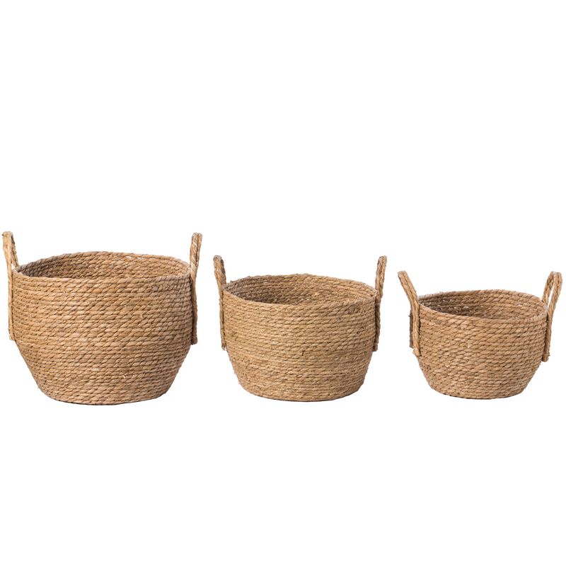 Decorative Round Wicker Woven Rope Storage Blanket Basket with Braided Handles - Set of 3