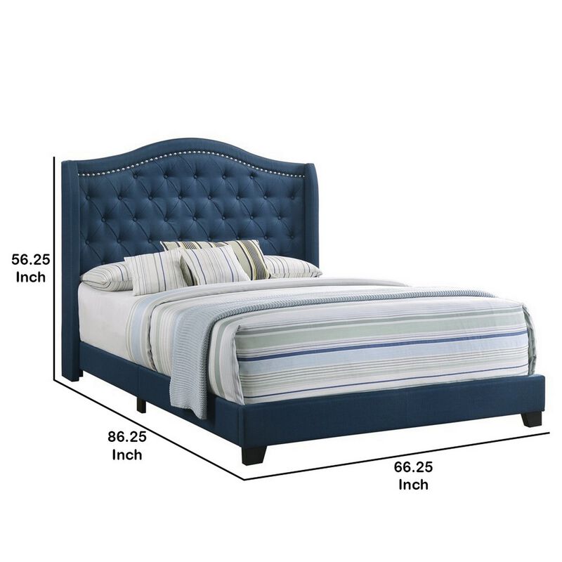 Fabric Upholstered Wooden Demi Wing Queen Bed with Camelback Headboard,Blue-Benzara