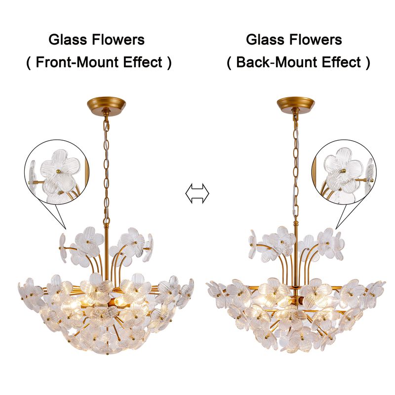 Rosa Modern 6-Light 22.4" Glam Ribbed Glass Flower Chandelier - Low-gloss Brushed Brass Finish image number 7