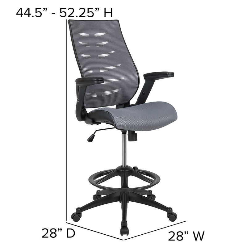 Flash Furniture Kale High Back Dark Gray Mesh Spine-Back Ergonomic Drafting Chair with Adjustable Foot Ring and Adjustable Flip-Up Arms