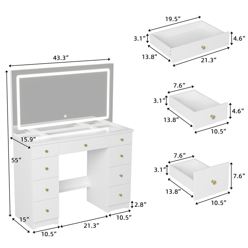 FUFU&GAGA Large Mirror Vanity Dresser with 9 Drawers & LED Lighting, Tempered Glass Top, Open Shelf, and Crystal Knobs, Modern White Finish (43.3 in.  W x 15 in.  D x 55 in.  H),White