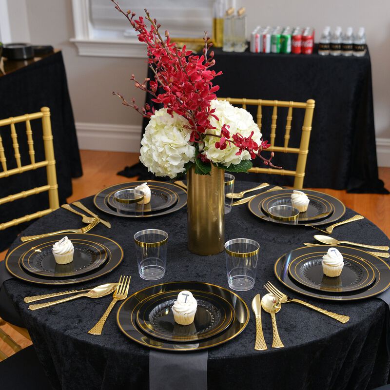 10.25" Black with Gold Edge Rim Plastic Dinner Plates (120 Plates) image number 7