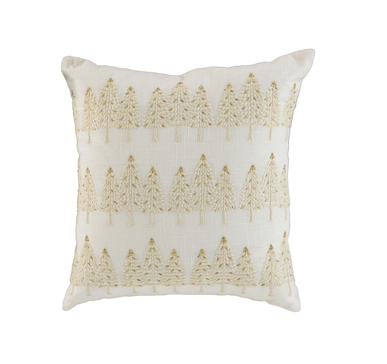 HomeRoots 18" Ivory And Gold Cotton Christmas Trees Throw Pillow With Embroidery