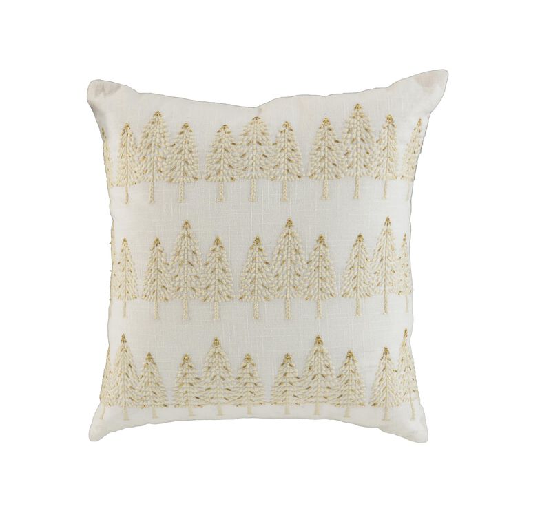 HomeRoots 18" Ivory And Gold Cotton Christmas Trees Throw Pillow With Embroidery image number 0
