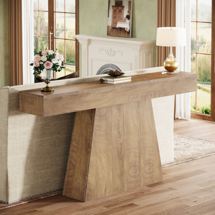Farmhouse 63-Inch Console Table with Trapezoidal Base for Entryway or Living Room