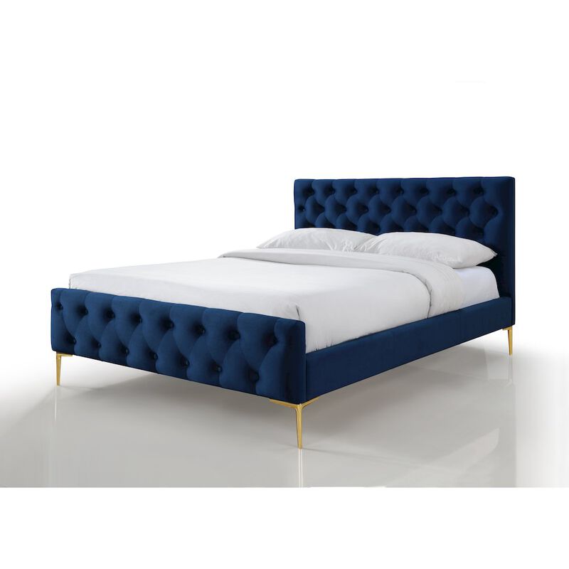 Omax Decor France Wood and Fabric Upholstered Queen Platform Bed in Blue