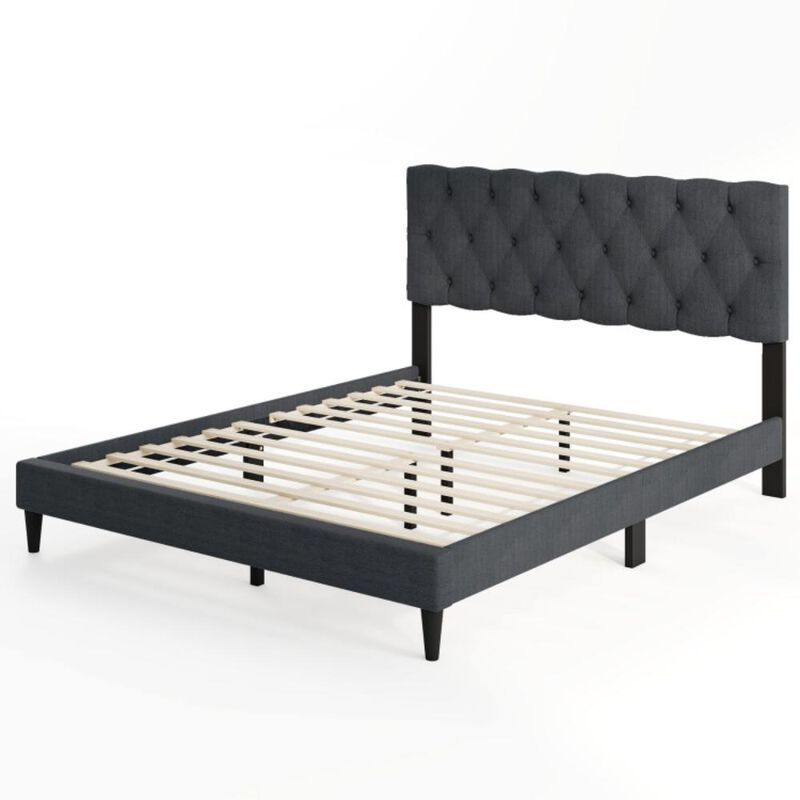 Hivvago Upholstered Platform Bed with Tufted Headboard and Wooden Slats Gray-Queen Size