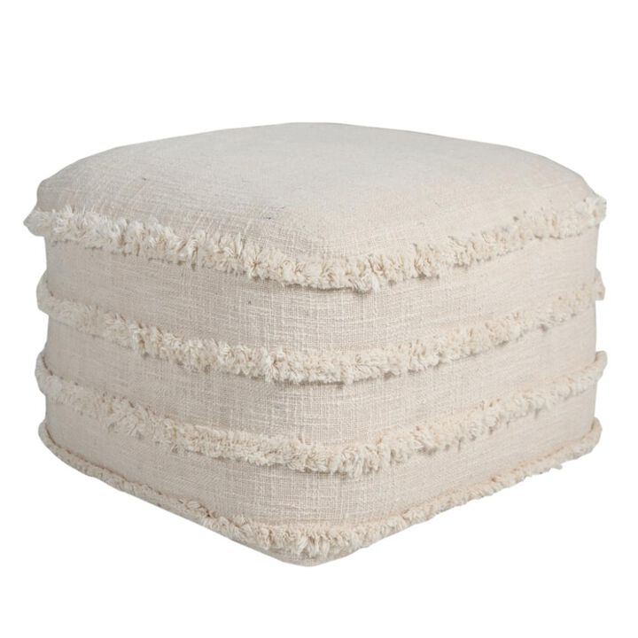 Hivvago 18 Inch Cream Cotton Tufted Cube Striped Pouf Ottoman