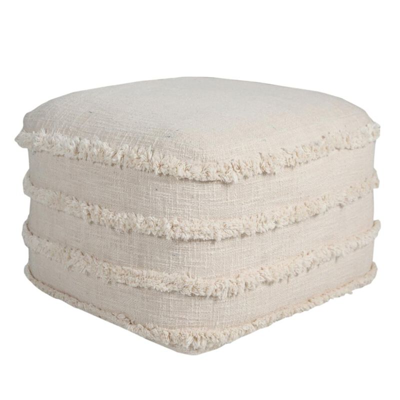 Hivvago 18 Inch Cream Cotton Tufted Cube Striped Pouf Ottoman