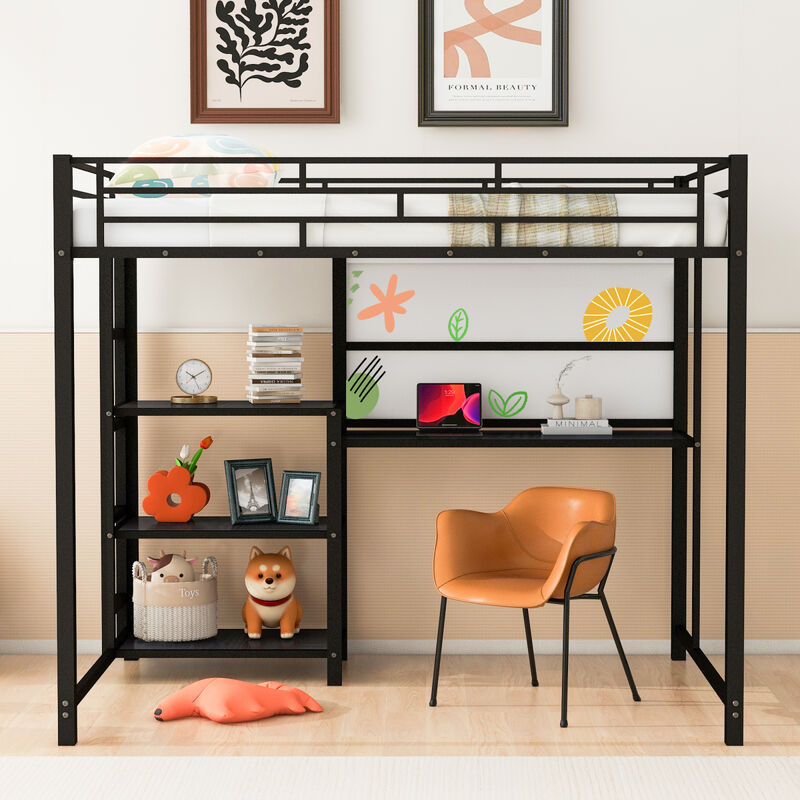 Full Size Loft Bed with Desk and Whiteboard, Metal Loft Bed with 3 Shelves and Ladder, Black
