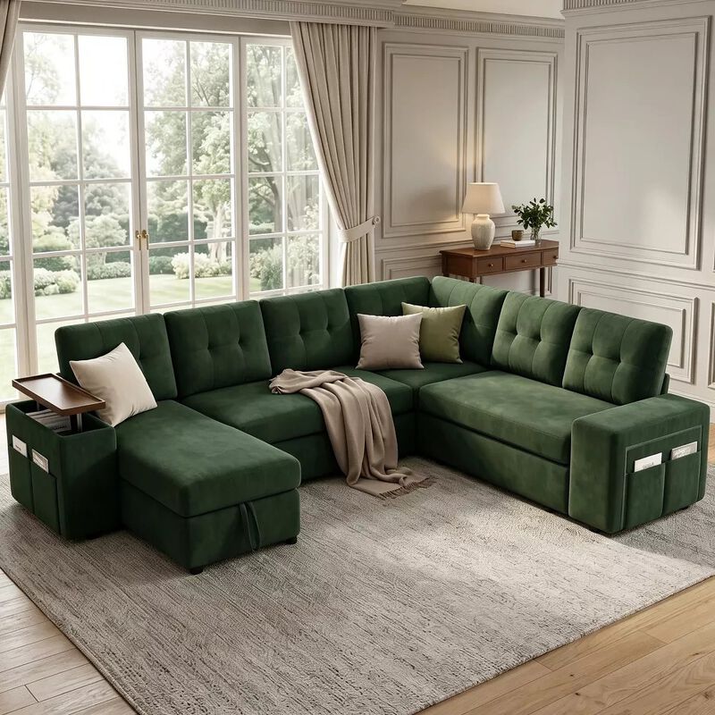 Vipbear 112" U-Shaped 7-Seat Modular Chenille Sectional Sleeper Sofa, Pull Out Bed Reclining Couch image number 8