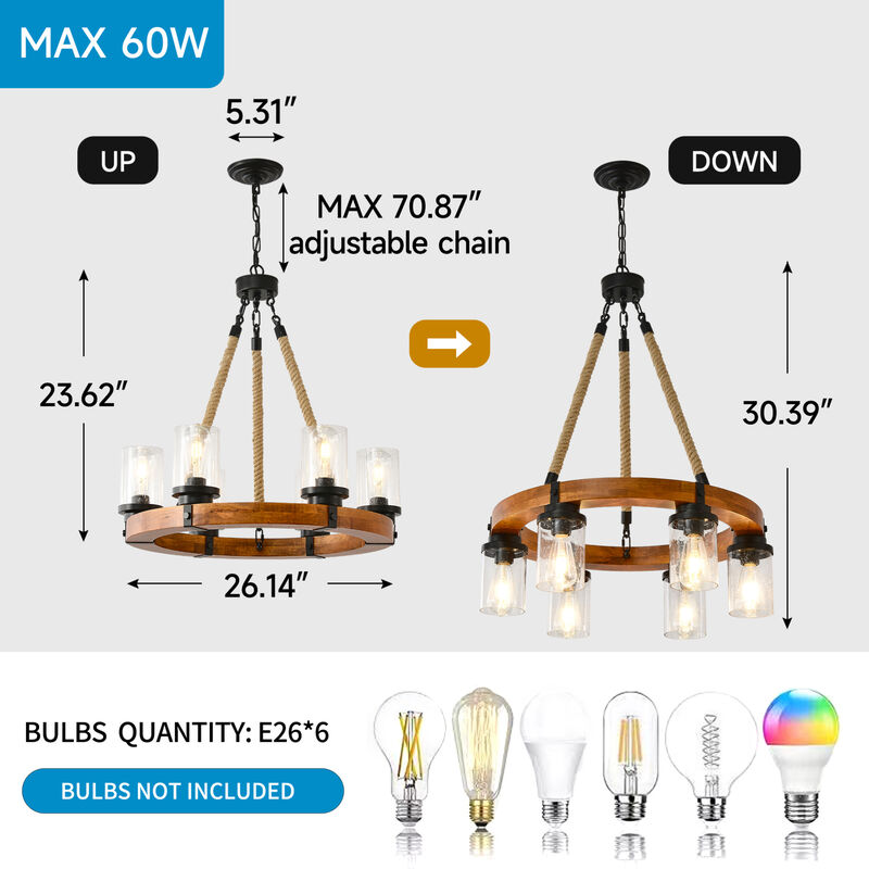 ELEMENT ACE Rustic Wood Wagon Wheel Chandelier with Adjustable Chain and Seeded Glass Shades image number 2