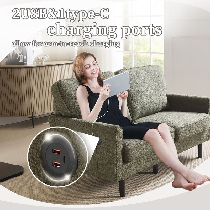 Mondawe Boucl&eacute; Loveseat Sofa, 2 Seater Small Sofa Couches with USB & Removable Pillow Cover