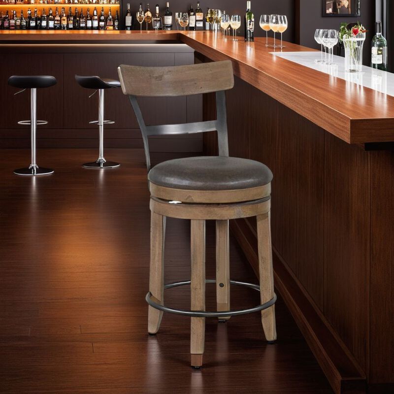 Yael Swivel Counter Stool Chair Set of 2, Gray Faux Leather Brown Wood - Benzara