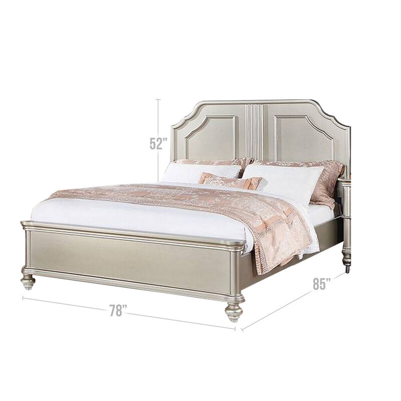 Opp Platform King Size Bed with Curved Panel Headboard, Champagne Silver - Benzara