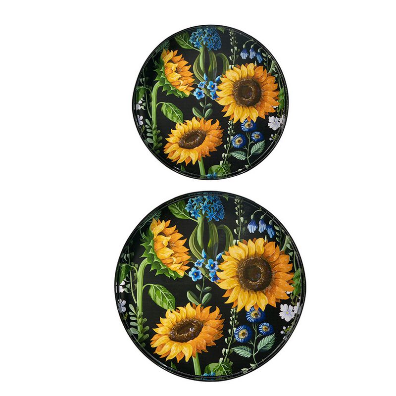 2 Piece Modern Decorative Trays, Round Plastic Frame, Sunflower Motifs  - Benzara