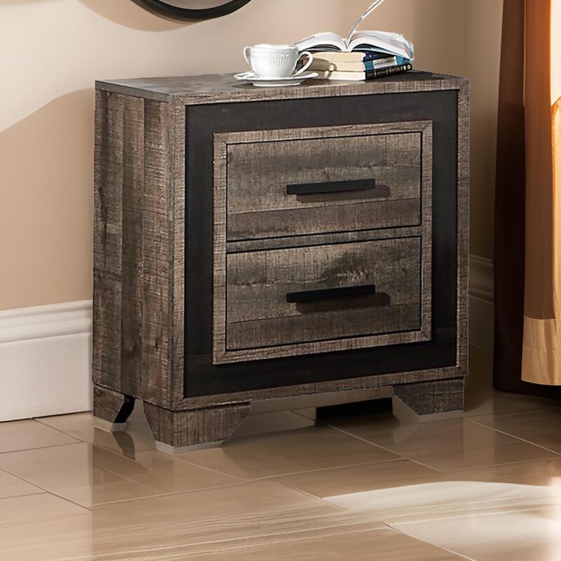 Nny 26 Inch Nightstand with 2 Drawers, Black Handles, Brown Wood Finish - Benzara