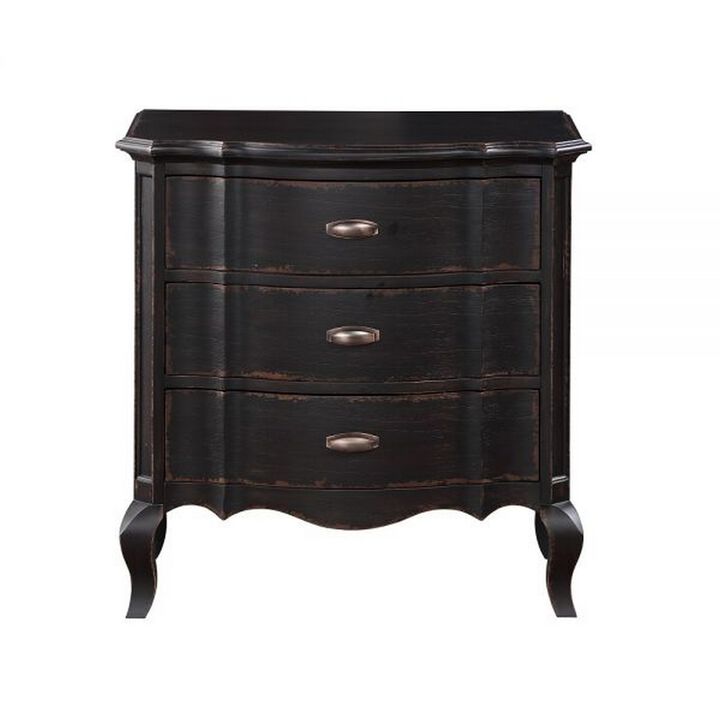 Cherry 30 Inch Nightstand, 3 Drawers, Cabriole Legs, Rubberwood, Black - Benzara