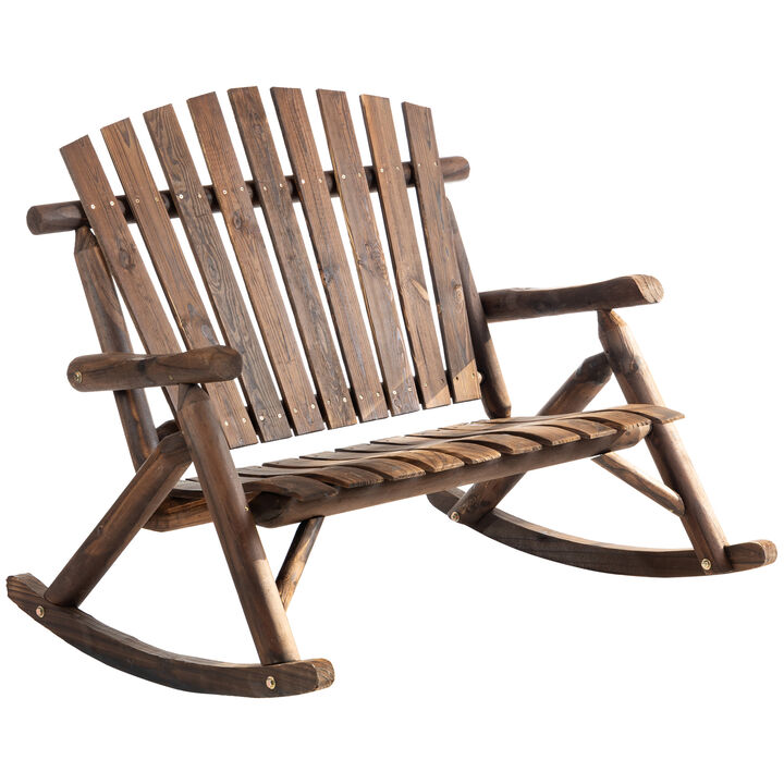Outsunny Outdoor Wooden Rocking Chair, Double-person Adirondack Rocking Patio Chair with Rustic High Back, Slatted Seat and Backrest for Indoor, Backyard, Garden, Carbonized