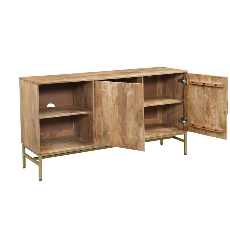 Lysa 50 Inch Sideboard Buffet Cabinet with Open Shelves, Gold Iron Base, Natural Brown Mango Wood image number 2