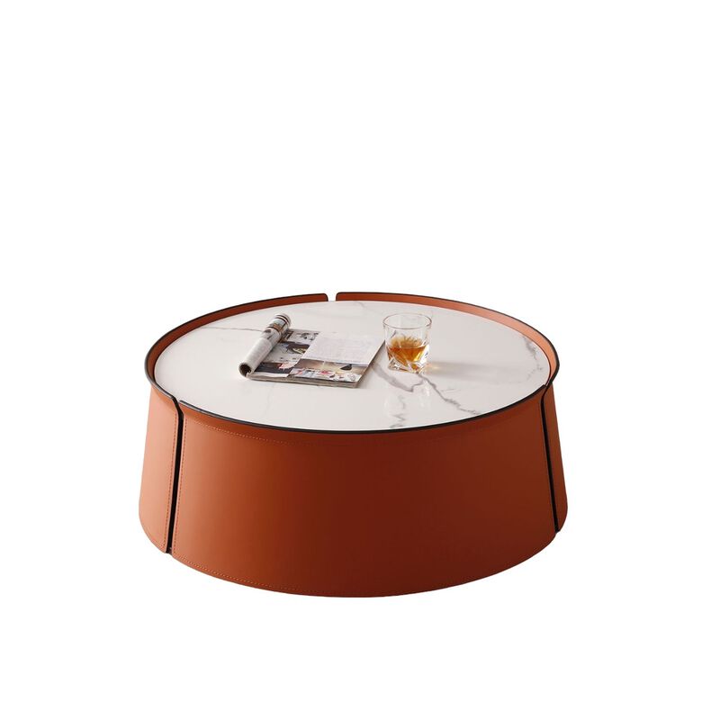 31.5" Coffee Table, Marble Top with Orange Saddle Leather Body and Iron Frame - Stylish and Durable Modern Furniture for Your Living Space