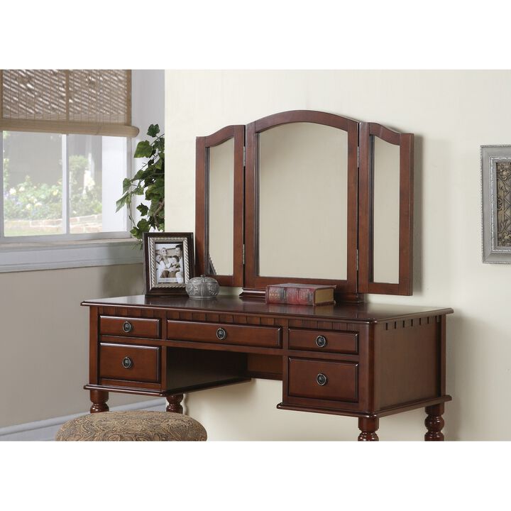 Bedroom Contemporary Vanity Set w Foldable Mirror Stool Drawers Cherry Color