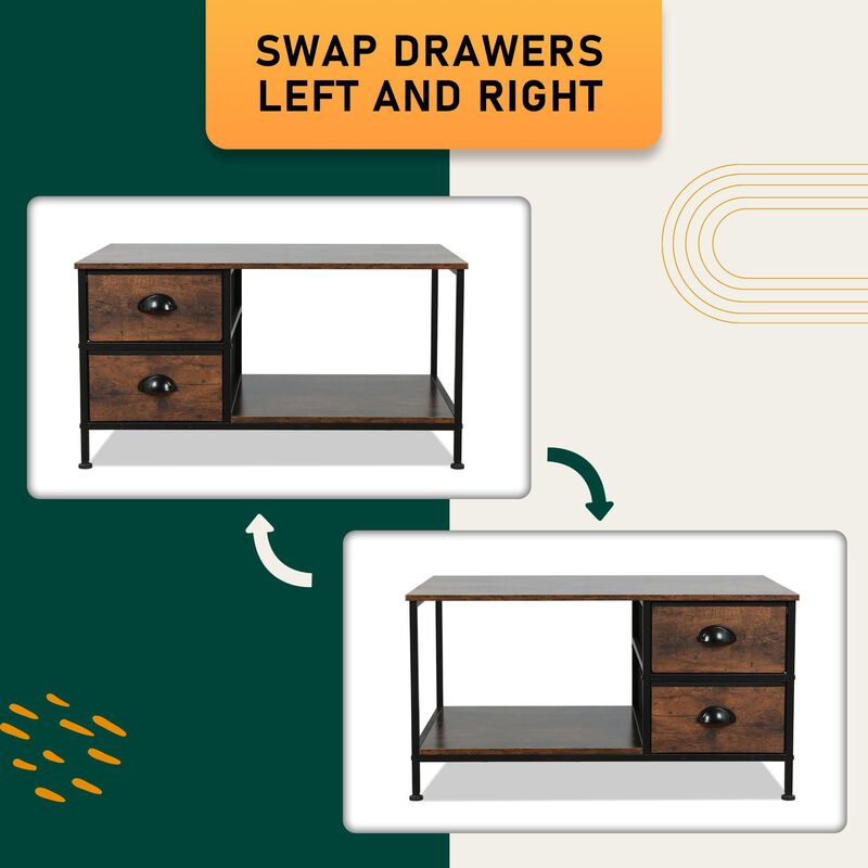 SENIG Coffee Table with Drawers, Coffee Table for Living Room, 2-Tier Coffee Tables with Storage Drawers,Brown Coffee Tables for