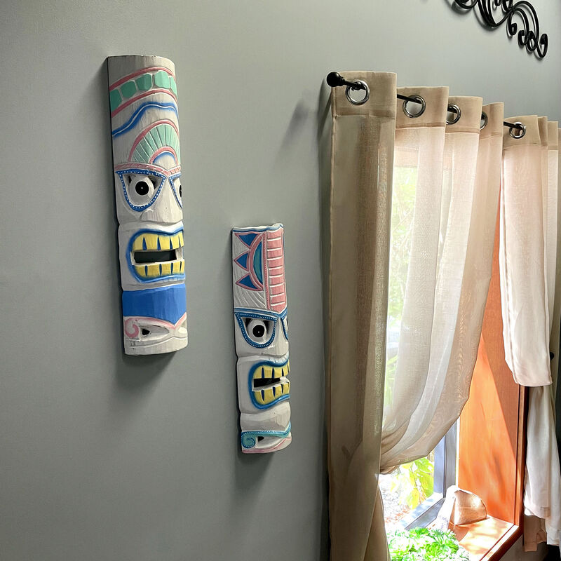 Set of 2 - 20" Pastel Pink & Blue Tiki Masks Wood Wall Decor Indoor/Outdoor image number 8