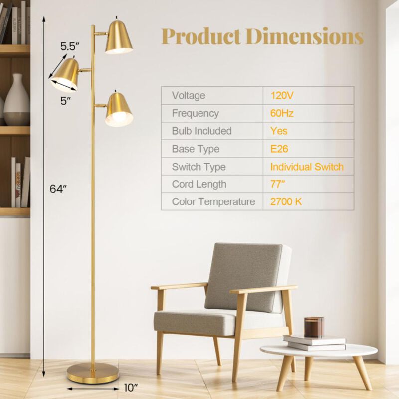 Hivvago 3-Bulb Floor Lamp Standing Tall Tree Lamp with 3 E26 A19 Bulbs and Adjustable Lampshades