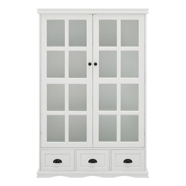 Storage Cabinet with Tempered Glass Doors Curio Cabinet with Adjustable Shelf Display Cabinet with Triple Drawers,White