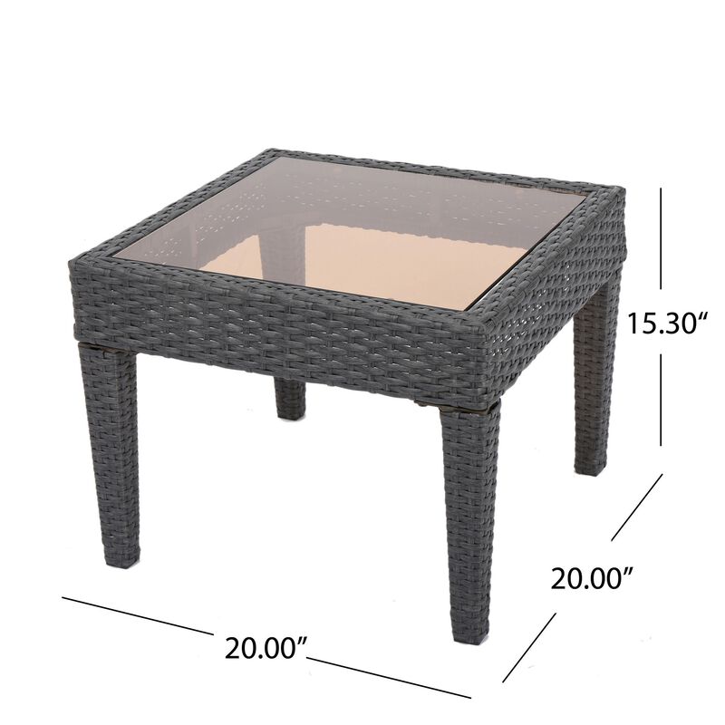 Annie Outdoor Square Accent Table, Tempered Glass, 20 Inch Gray Wicker - Benzara