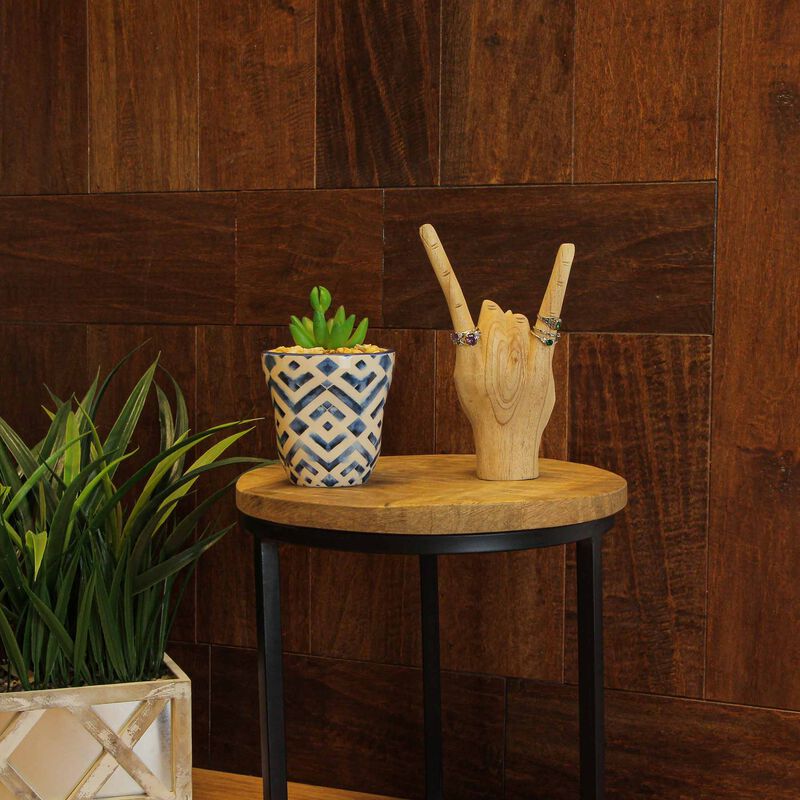 Carved Wooden Rock On Devil Horns Hand Gesture Statue Natural Finish Home Decor image number 5
