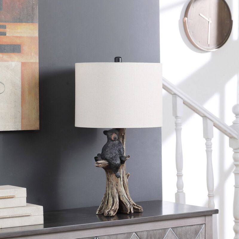 ELEMENT ACE 24.75 Inch Rustic Polyresin Black Bear On Tree Table Lamp With Beige Cotton Linen Shade, Inline On/Off Switch For Bedroom Living Room Home Decor image number 1