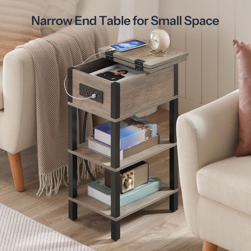HOOBRO End Table with Charging Station, Flip Top Side Table with USB Ports, Narrow Nightstand Bedside Tables with Storage Shelve