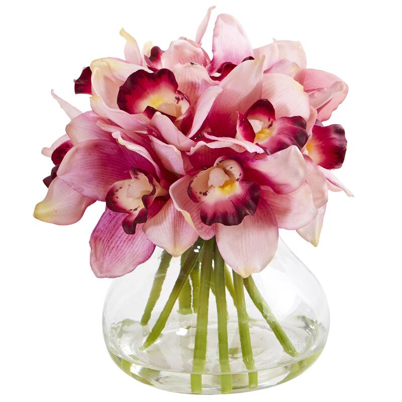 Nearly Natural 8-in Cymbidium Orchid Artificial Arrangement in Glass Vase