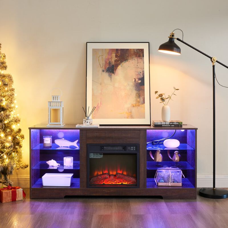 3D Electric Fireplace TV Stand with Glass Shelves, LED Lights & USB Charging Outlet, Fits TVs 32‑62" image number 1