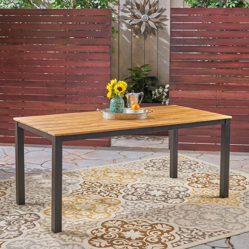 70.75" Patio Dining Table, Teak Acacia Wood Slat Table With Black Iron Leg, Large Capacity Outdoor Dinner Table image number 2