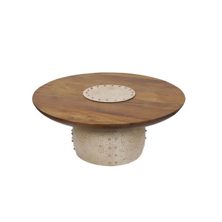 35 Inch Coffee Table, Walnut Finish Mango Wood Top, Handcrafted Rustic Iron Base - Benzara