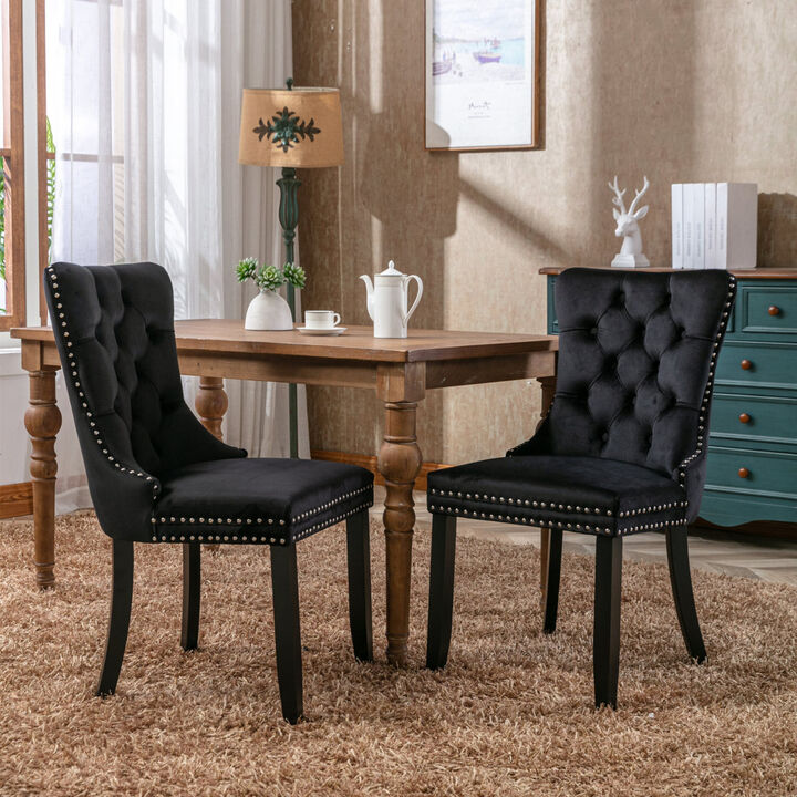 Modern, High-end Tufted Solid Wood Contemporary Velvet Upholstered Dining Chair with Wood Legs Nailhead Trim 2-Pcs Set, Black
