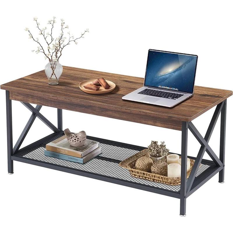 Hivvago Modern Classic Metal Wood Coffee Table with Bottom Storage Shelf