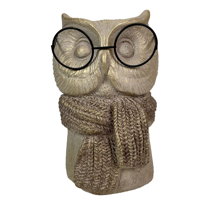 Bespectacled Owl Cement Vase 8.25" Gold Accents Knit Scarf Real Wire Glasses