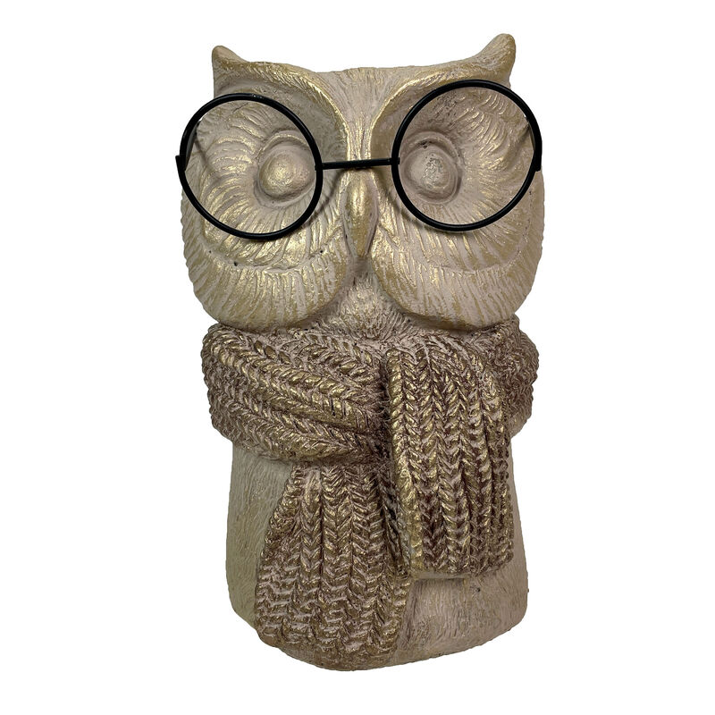 Bespectacled Owl Cement Vase 8.25" Gold Accents Knit Scarf Real Wire Glasses image number 1