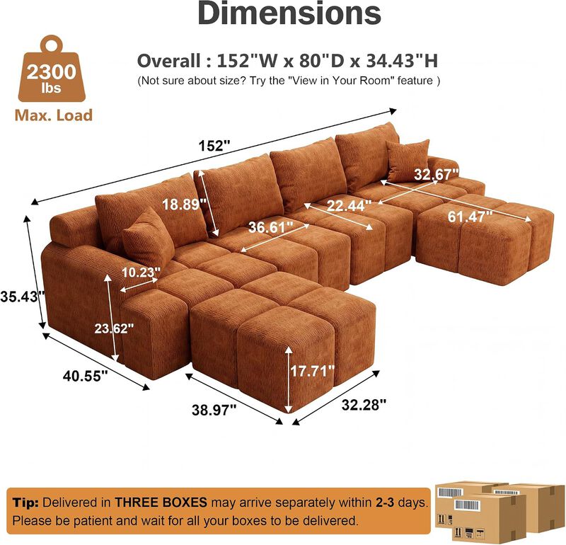 Vipbear 152" Oversized Modular Sectional Sofa, Ottoman U Shape Deep Seat 6 Seater Chenille Couch image number 1