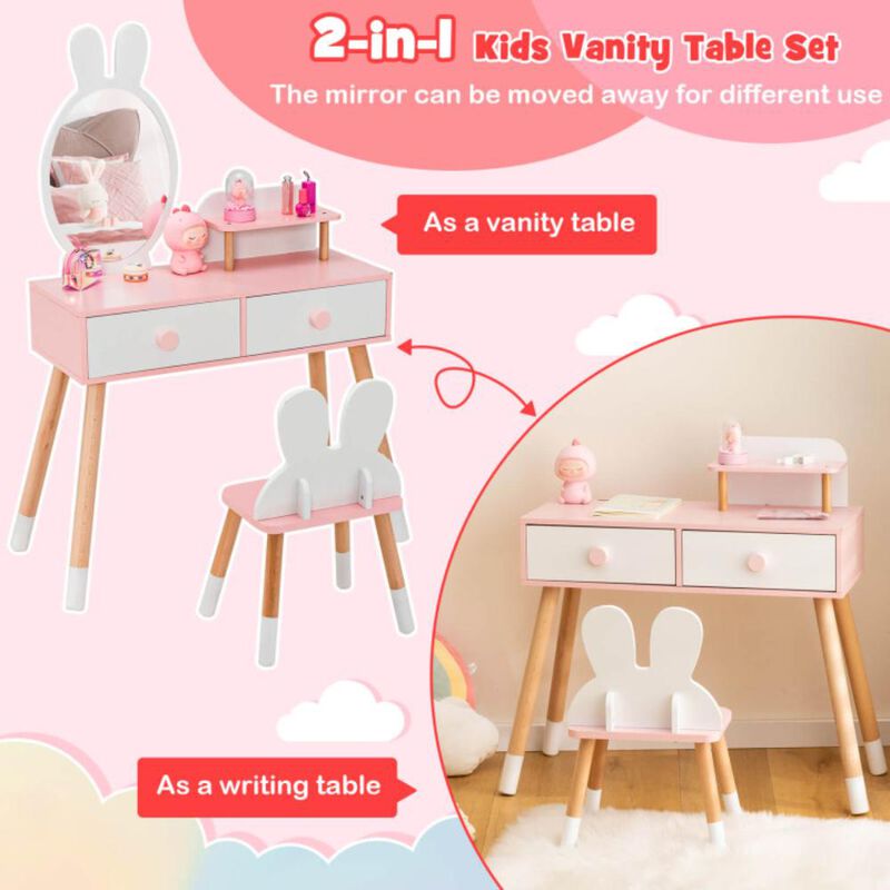 Hivvago Kids Vanity Table and Chair Set with Drawer Shelf and Rabbit Mirror