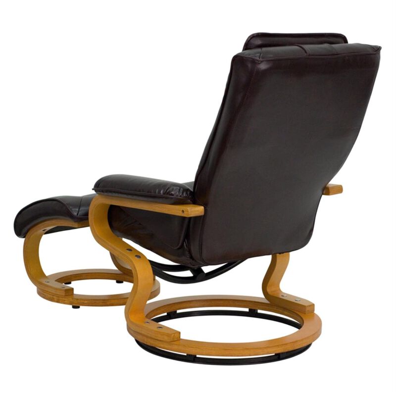 Flash Furniture Davies Contemporary Adjustable Recliner and Ottoman with Swivel Maple Wood Base in Brown LeatherSoft