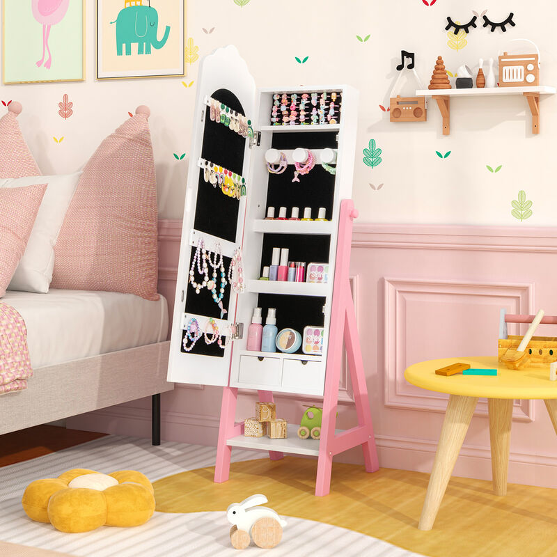 2 Pieces Kids Vanity Set and Jewelry Armoire Cabinet with Full-length Mirror